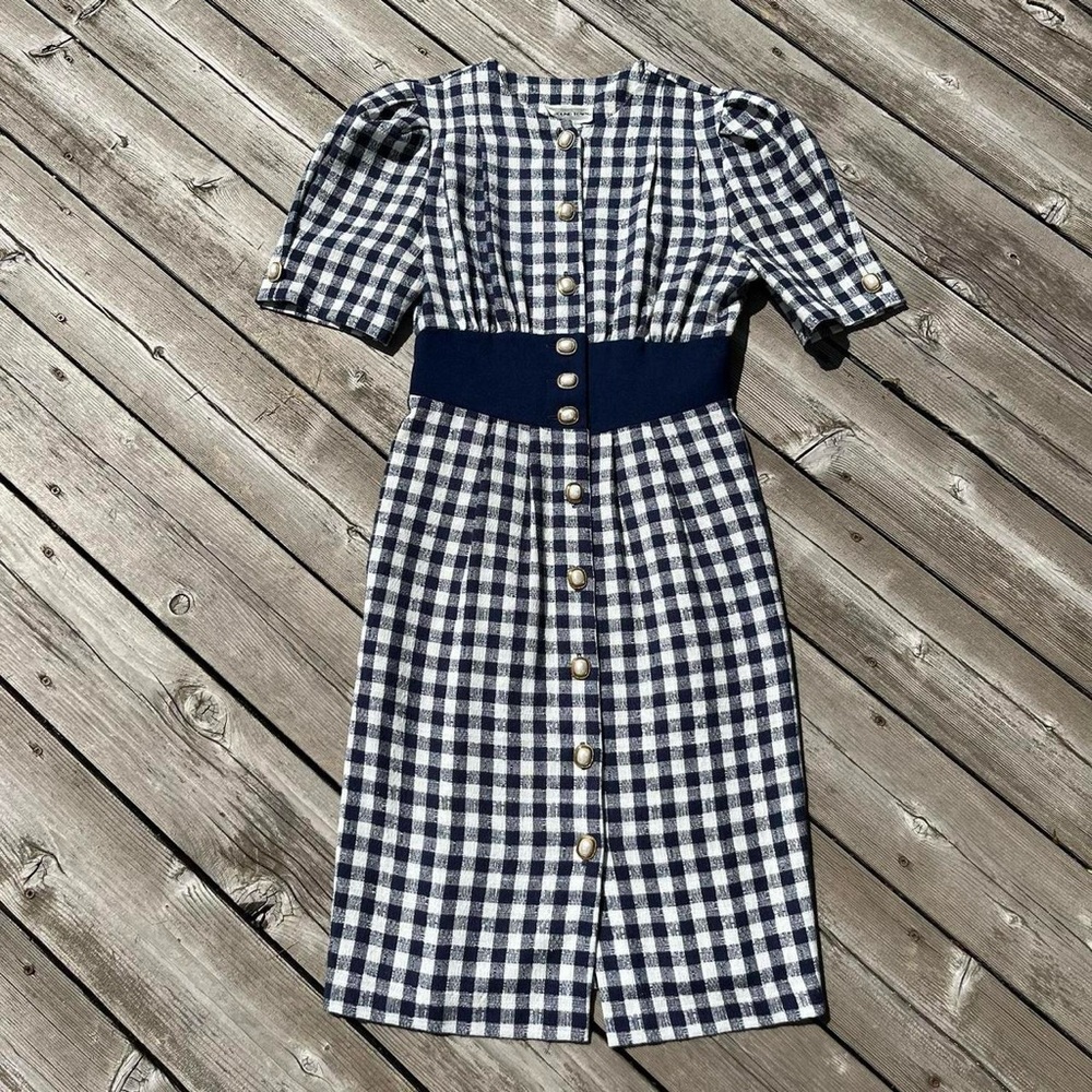Around Town vintage navy + white gingham mid length dress